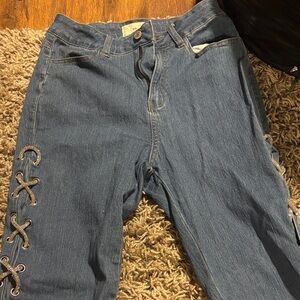 Women's Denim Straight Leg Jeans with Lace-Up Detail